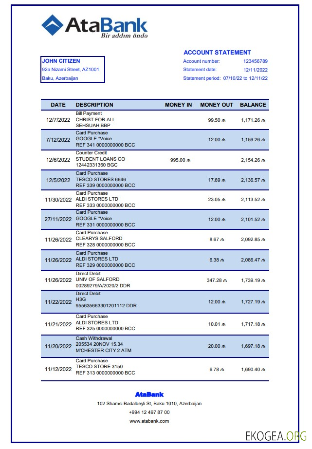 Relevé bancaire d'Azerbaïdjan AtaBank